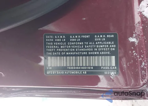 2004 Saab 9-5 Arc from USA, damaged, VIN YS3ED49A143511016